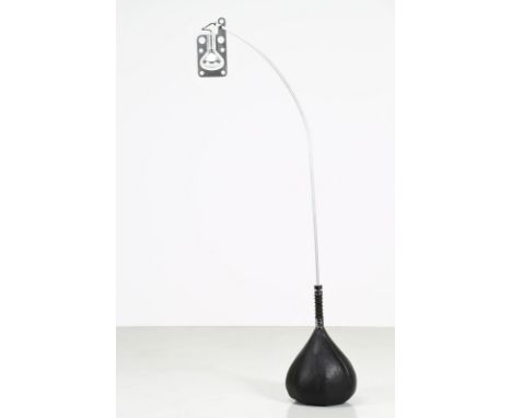 Floor lamp. Chromed metal, leather. Cm 110,00 x 230,00 x 42,00. Bul-Bo model lamp with bulbous base covered in black leather,