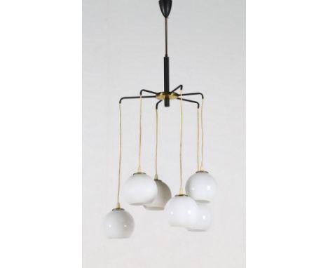 Chandelier. Metal, glass. Cm 58,00 x 115,00 x 58,00. Six lights metal and glass chandelier, 50s.