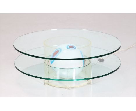 Coffee table. Plexiglass. Cm 90,00 x 34,00 x 90,00. Coffee table in glass, plexiglass and lamp with murrina inside; 70's.