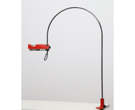 Table lamp. Lacquered wood and chromed metal. Cm 82,00 x 110,00 x 23,00. Spider model table lamp in chromed metal, red lacque