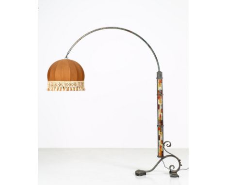 Floor lamp. Wrought iron and glass. . Floor lamp in wrought wood with details of the glass base and fabric hat, 40s.