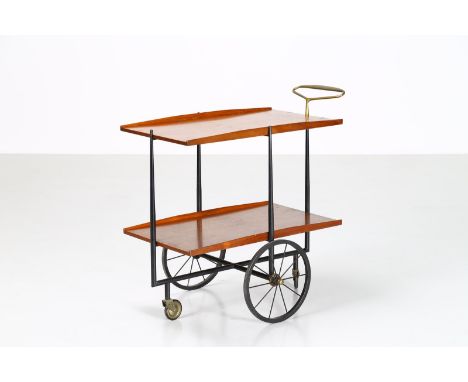 ITALIAN MANUFACTURE Trolley. Wood, metal, brass. Cm 86,00 x 75,00 x 57,00. Living room trolley with double wooden shelf, stru