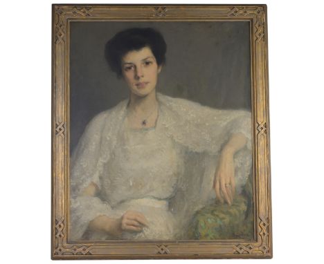Francis Luis Mora (New York, Connecticut, 1874 - 1940) Portrait of a young elegant woman. Oil on canvas. Signed lower right. 