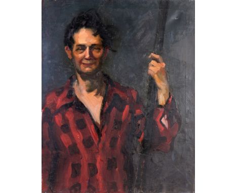 Edward Leonard (New York, Florida, 1901 - 1968) Portrait of disheveled man in a flannel shirt. Inscribed verso. Oil on canvas