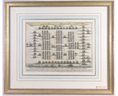 Hand Colored Etching M. Meriams Theatrum 17th Century European Naval Battle Scene Image Size: 10.25 x 15 in. Overall Framed S