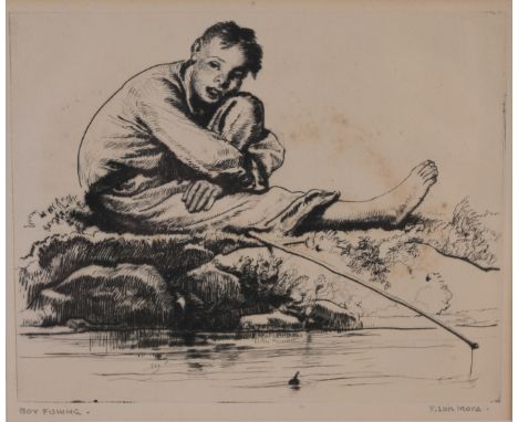 Francis Luis Mora (American, 1874 - 1940) "Boy Fishing" Etching. Pencil signed and titled lower margin. Sight Size: 4.25 x 5.