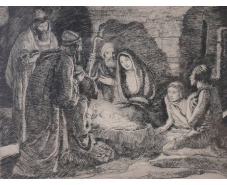 Francis Luis Mora (American, 1874 - 1940) "Nativity Scene" Etching. Signed lower right in plate. Provenance: From the estate 