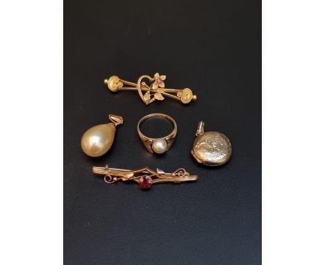 Two Victorian bar brooches, stamped 9ct; together with a yellow metal ring, set single pearl; and two other items. (5) 