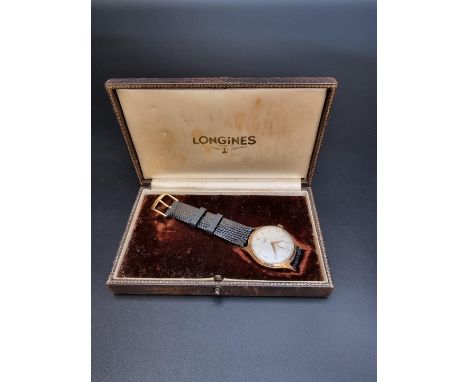 A circa 1958 Longines 9ct gold manual wind wristwatch,&nbsp;34mm, cal. 12.68Z, Serial No. 10864314, hallmark London 1958, on 