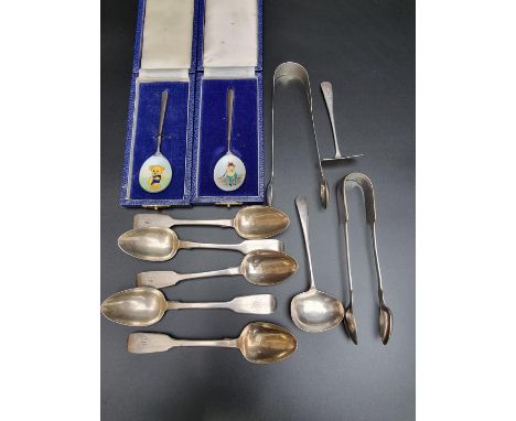 A small quantity of silver cutlery, to include two cased silver and enamel child' spoons, gross weight 235g. 