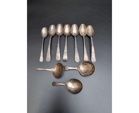 Two Georgian silver caddy spoons; together with another caddy spoon; and seven Georgian silver teaspoons, 102g. (10) 