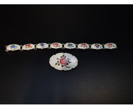 A vintage Ivar Holth guilloche enamel oval brooch, decorated pink rose, stamped '925S Sterling Norway', 4.3cm; together with 