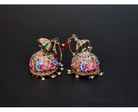 A pair of Persian Qajar pendant bell earrings,&nbsp;19th century, decorated polychrome enamel with a pendant fringe of seed p