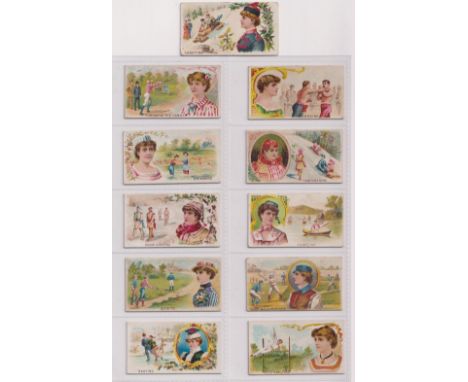 Cigarette cards, USA, Goodwin's, Games &amp; Sports Series, 11 cards, Skating, Quoits (light stain to back), Snow Shoring, Sw