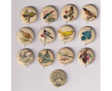 Tobacco issue, USA, Anon (American Pepsin Gum?), Celluloid buttons, Birds, 'K' size, 13 buttons, Baltimore Oriol, Blue Bird, 