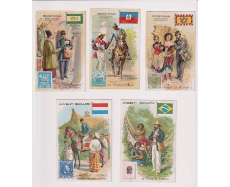 Trade cards, France, The Post in Many Lands, 2 different part-sets, Chocolat Poulain (24 embossed cards) &amp; Rouillard (25 