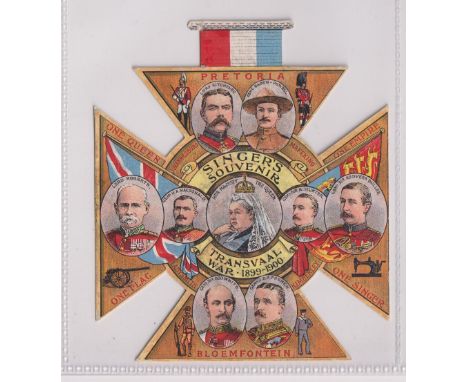 Trade card, Singer, Transvaal War souvenir, shaped as Victoria Cross, Queen Victoria to centre surrounded by eight generals (