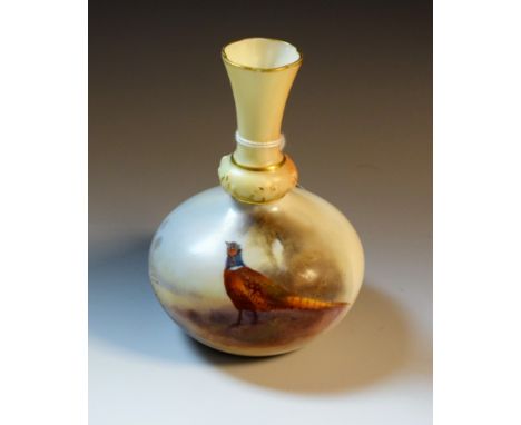 A Royal Worcester  bottle vase,  painted by James Stinton, signed, with a pheasant in landscape, flared onion neck in blush i