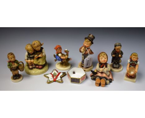 Ceramics - a Hummel Goebel figure, Blackboard; others, Serenade, Chimney Sweep, Knitting, etc.; Royal Crown Derby pin dish; e