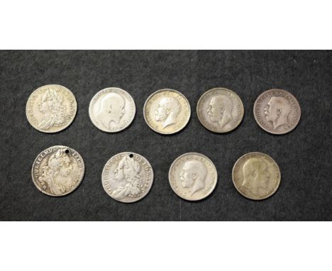 Coins - A number of collectable UK silver sixpences:  1696B early harp, GF (pierced); 1757 GF (pierced).; 1757 VF; 1902 F; 19