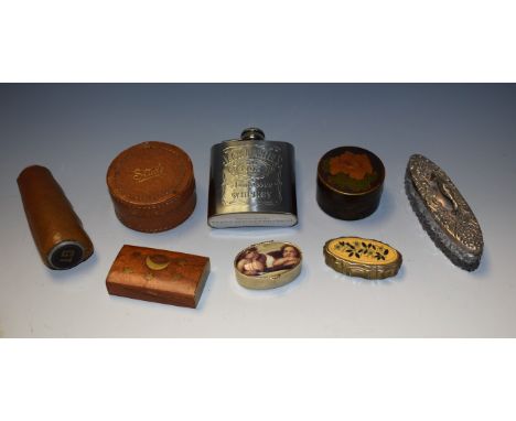 A silver topped hairpin box; snuff boxes; Jack Daniels flask