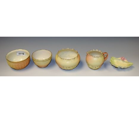 Royal Worcester - a small pink and green oyster shell trinket dish, blush ivory tea bowl, sugar bowl, etc. (5)