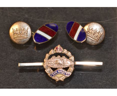 An enamel 'Tank Sweetheart' brooch, 'Fear Naught'; a pair of military enamel cufflinks
