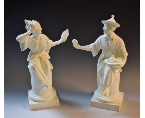 A pair of Royal Worcester Parian figures, modelled by A. Azori, Le Panier, no 3585, and Le Miroir, no. 3588, each chinoiserie