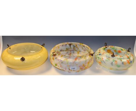 A 1930's Art Deco multi-coloured marbled glass ceiling light; others similar (3)
