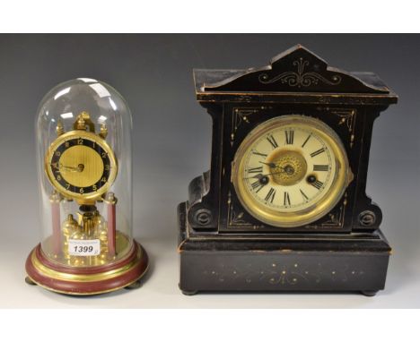 An ebonised wood mantel clock, Roman numerals; an anniversary clock, glass dome (2)