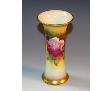 A Royal Worcester trumpet shaped spill vase,  painted in Hadley style by Millie Hunt, signed, with roses and foliage, 11.5cm 