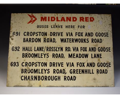 Enamel Sign - a Midland Red Bus Company sign, with routes and destinations around the Coalville area, company closed in 1981,