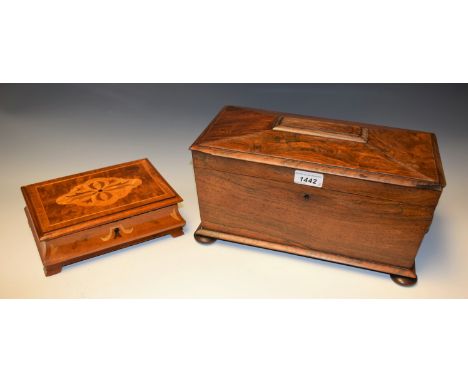 A Regency rosewood tea caddy, sarcophagos shape, bun feet, cut glass mixing bowl; an inlaid jewel casket (2)