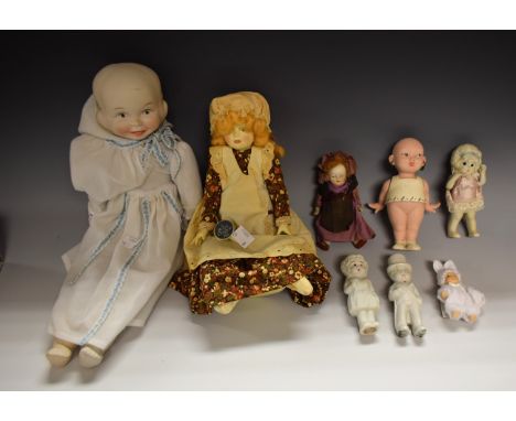 Dolls - a novelty ceramic three faces doll, Hear,See and Speak no Evil, unmarked;  a continental porcelain doll, painted feat