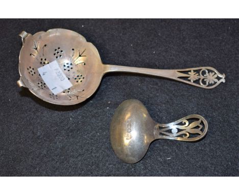 Silver - An Art Nouveau design silver caddy spoon, pierced handle, D.N.H.S, Sheffield 1946;  a straining spoon, Viners, Sheff