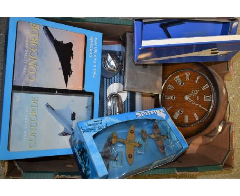 Boxes and Objects - Concorde memorabilia including ephemera, model, commemorative Day Of The Concorde coin and stamp pack, et