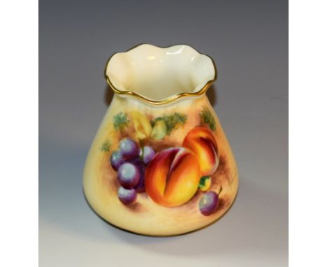 A Royal Worcester vase, painted by Roberts, signed, with peaches and grapes on a mossy ground, 9cm high, printed crown nd cir