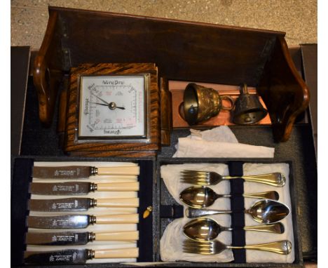 Boxes and Objects - flatware, cased, including Walker and Hall; a mahogany folding book shelf; barometer; Arts and Crafts cop