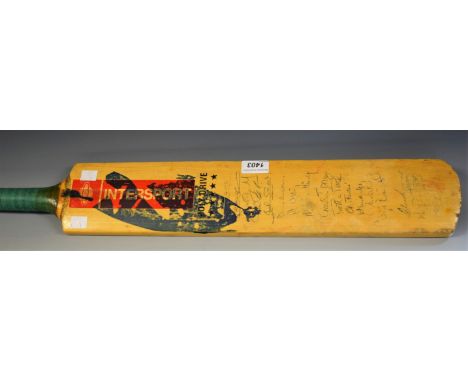 A 1980's Intersport cricket bat, signed by the England team including David Gower, Graham Lilley, etc.