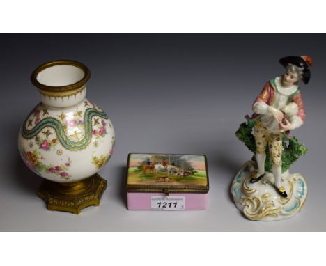 Ceramics - a continental pottery figure, boy playing Bag pipes, gilt anchor painted marks;  a gilt metal mounted vase, unmark