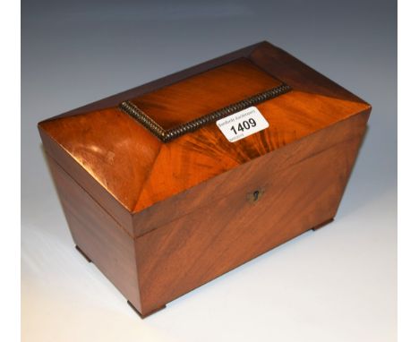 A 19th century mahogany sarcophagus tea caddy, twin compartments, 13cm x 23cm approx.