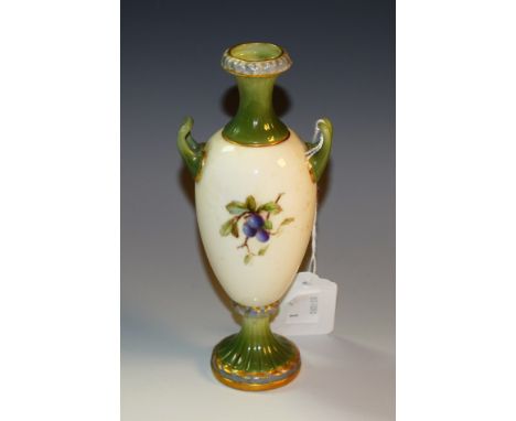 A Royal Worcester two handled pedestal ovoid two-handled vase, printed and painted with fruit swags, green fluted neck, handl