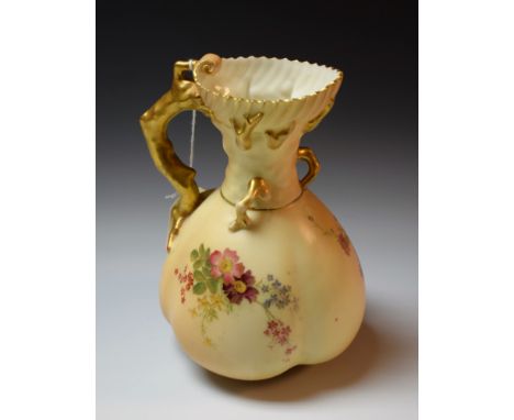A Royal Worcester lobed jug, printed painted with colourful summer flowers on an ivory ground, rustic gilt handle in gilt, pr