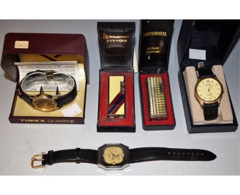 A Ricoh gentleman's wristwatch, automatic; a Timex gentleman's quartz wristwatch, boxed; a Sekonda gentleman's watch; two box