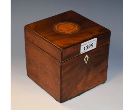 A George III mahogany cube tea caddy, shell inlay