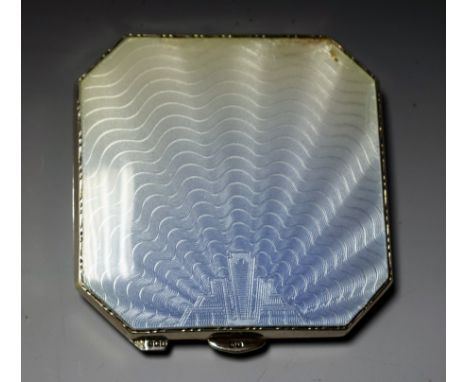 An Art Deco hallmarked silver guilloche enamel compact