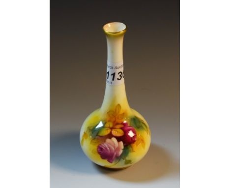 A Royal Worcester bottle vase,  with tall neck and bulbous  body painted by Millie Hunt, signed, with roses in Hadley style, 