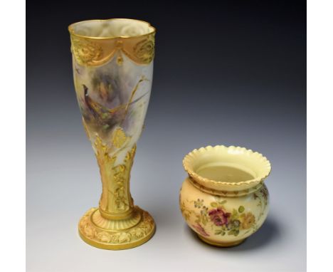 A Royal Worcester ovoid bowl, printed and pained with forget-me-nots red and yellow roses, on a blush ivory ground, wavy rim,