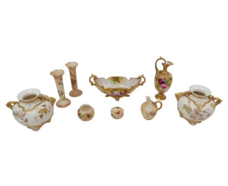 A collection of Royal Worcester, including two signed pieces, an oval form twin handled bowl, signed 'F.Harper', 31 by 13 by 