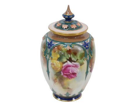 A Royal Worcester lidded vase, with pierced lid, decorated with colourful flowers with gilt highlights, with factory marks to